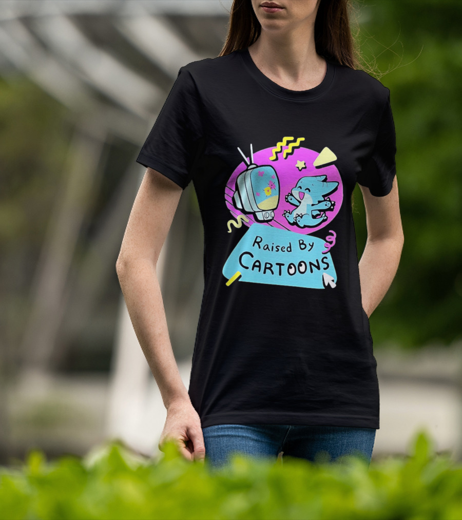 Raised By Cartoons Nostalgia 90s Kid Cartoon Lover Retro TV And Playful Puppy Scene T-Shirt