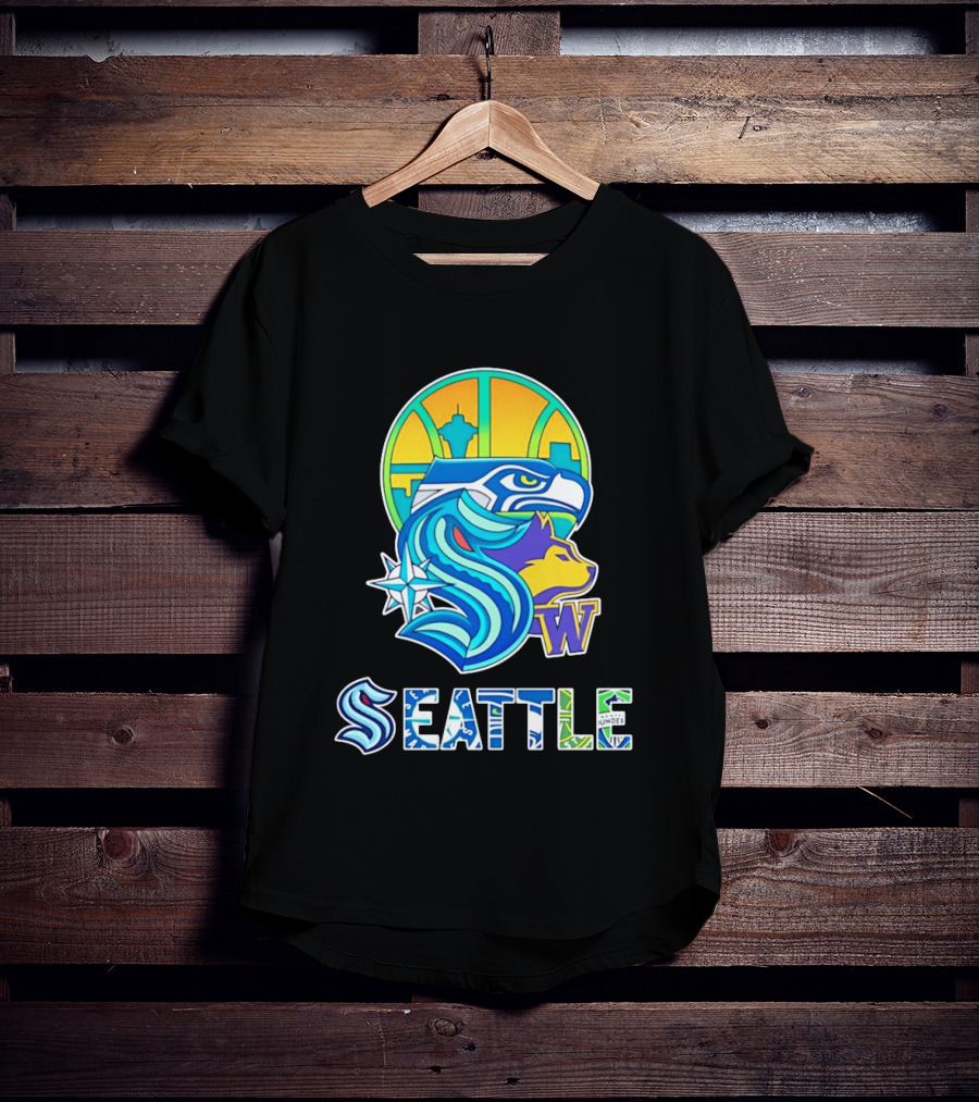 Seattle Seahawks Washington Huskies Skyline Collage With Space Needle And Compass Rose T-Shirt