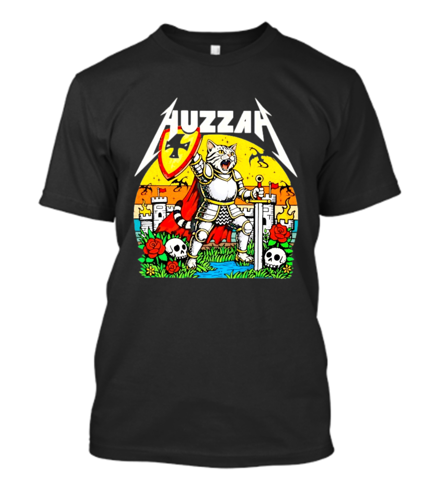 Huzzah Cat Knight Medieval Fantasy With Shield And Sword In Castle Scene T-Shirt