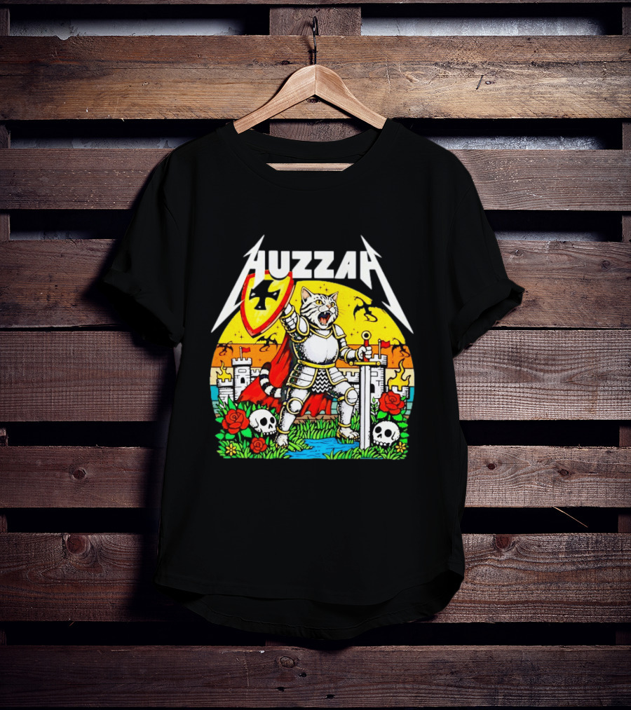 Huzzah Cat Knight Medieval Fantasy With Shield And Sword In Castle Scene T-Shirt