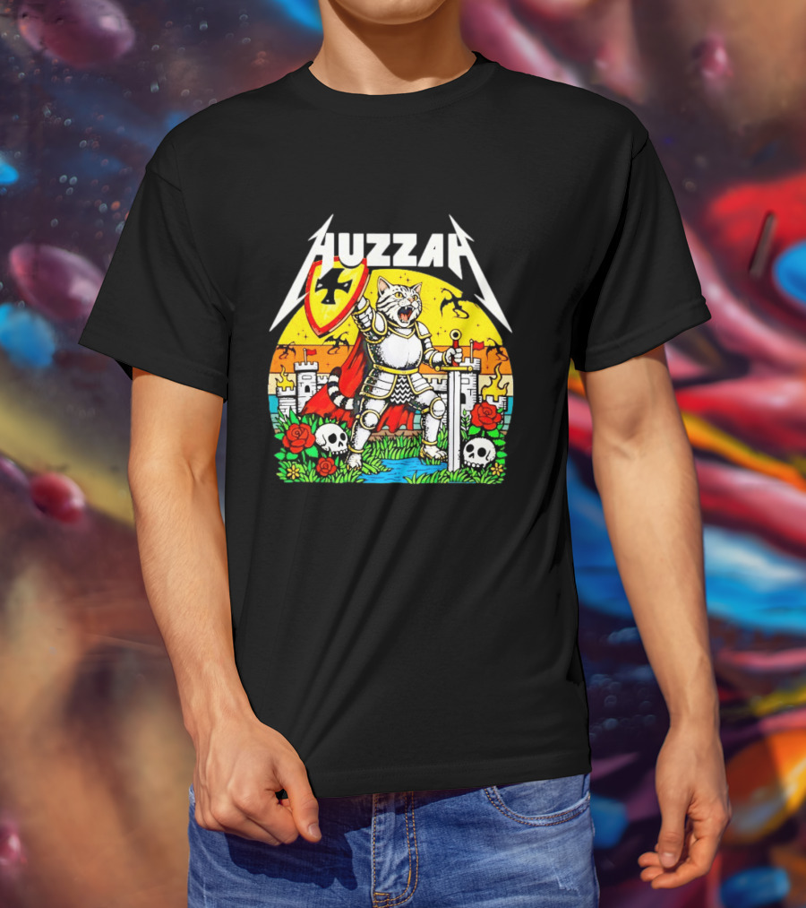 Huzzah Cat Knight Medieval Fantasy With Shield And Sword In Castle Scene T-Shirt