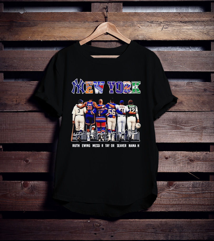 NY Sports Legends New York Yankees Knicks Rangers Mets Giants Jets Ruth Ewing Messier Taylor Seaver Namath T-Shirt