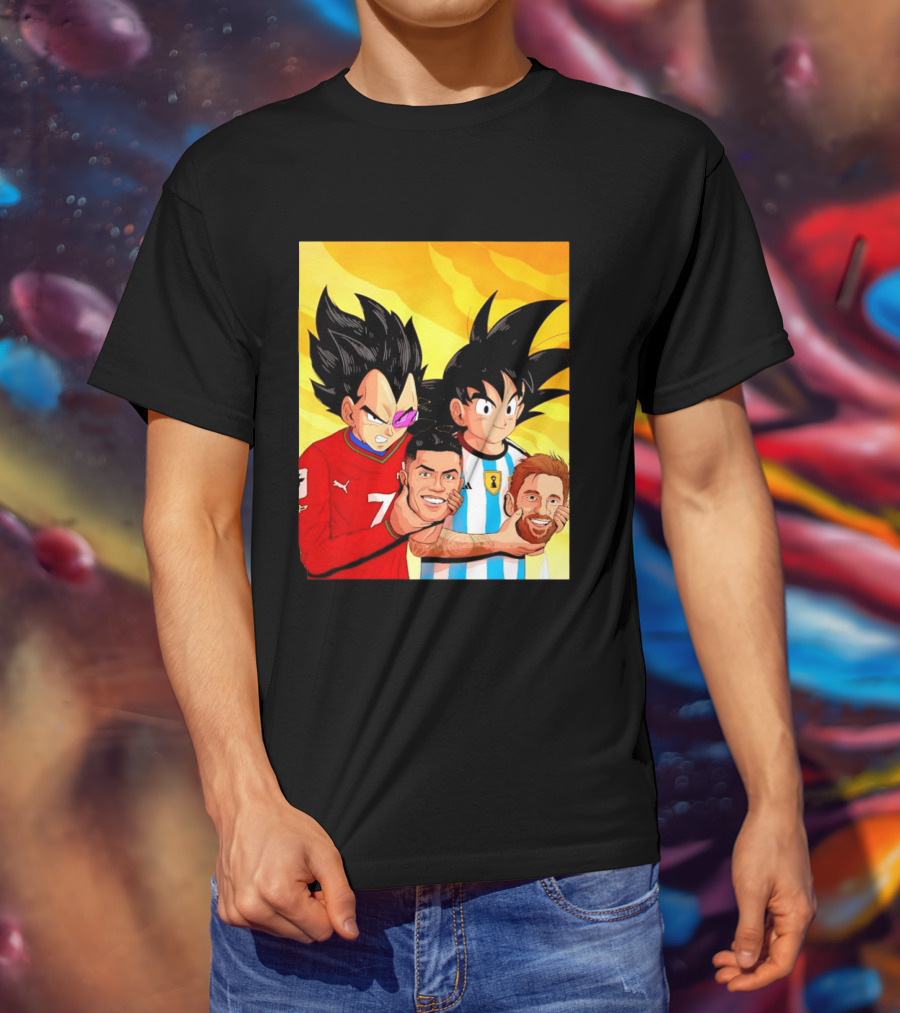 Vegeta And Goku With Ronaldo 7 And Messi Argentina Heads T-Shirt