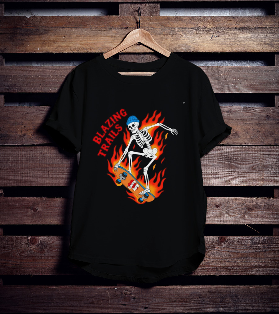 Blazing Trails Skate Or Die Skeleton Flaming Skateboard T-Shirt