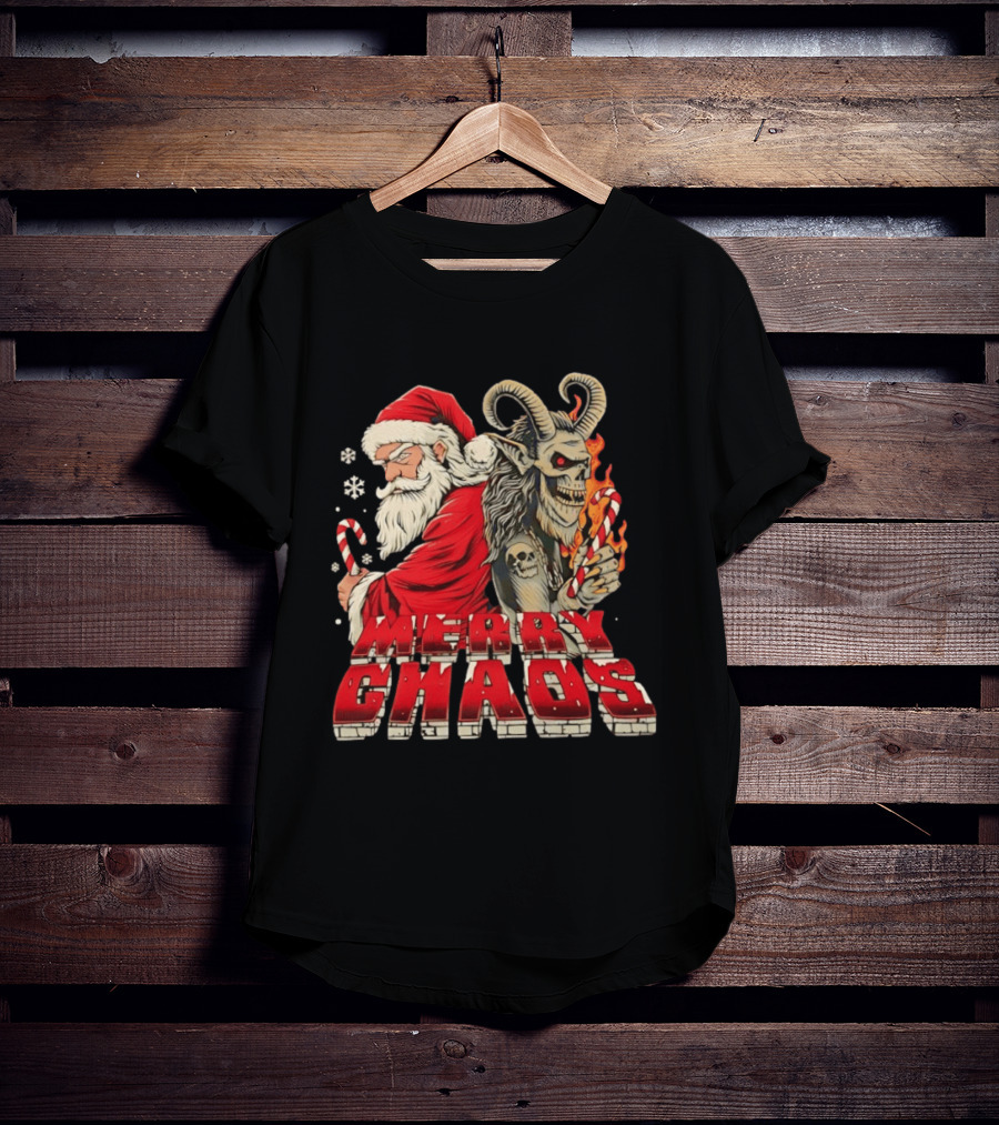 Merry Chaos Santa And Krampus Candy Cane Flames Christmas T-Shirt
