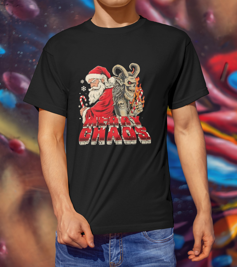 Merry Chaos Santa And Krampus Candy Cane Flames Christmas T-Shirt