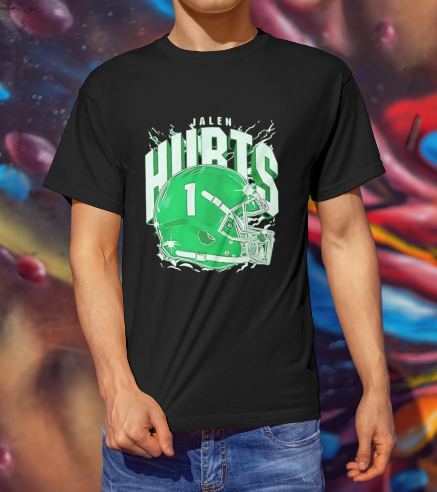 Jalen Hurts 1 Philadelphia Eagles Green Helmet Football T-Shirt