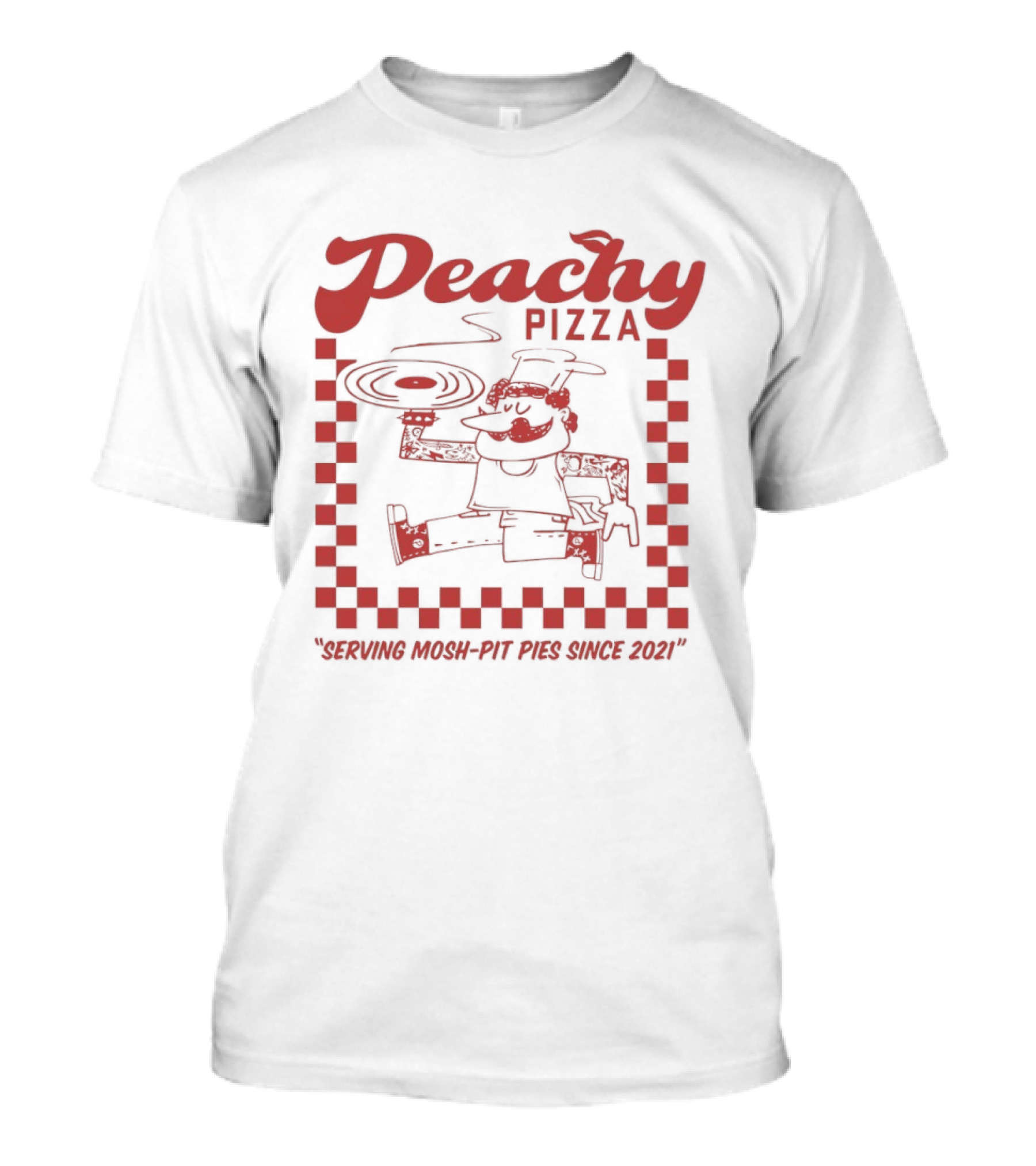 Peachy Pizza Serving Mosh Pit Pies Since 2021 Checkerboard Comic T-Shirt