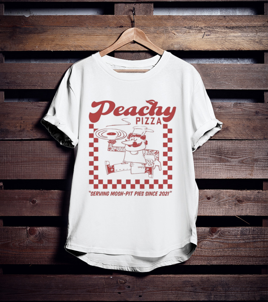 Peachy Pizza Serving Mosh Pit Pies Since 2021 Checkerboard Comic T-Shirt