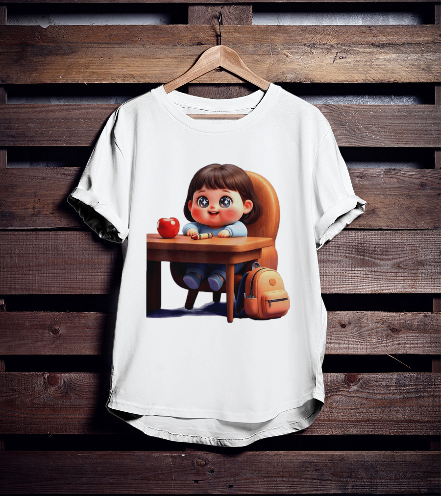 Cartoon Girl With Apple Backpack At Desk T-Shirt