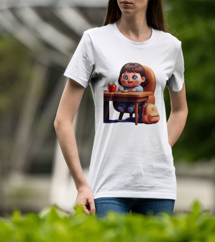 Cartoon Girl With Apple Backpack At Desk T-Shirt