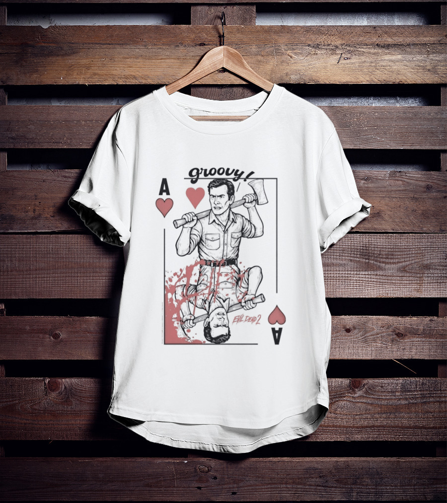 Groovy Ash Evil Dead 2 Ace Of Hearts Chainsaw Playing Card T-Shirt