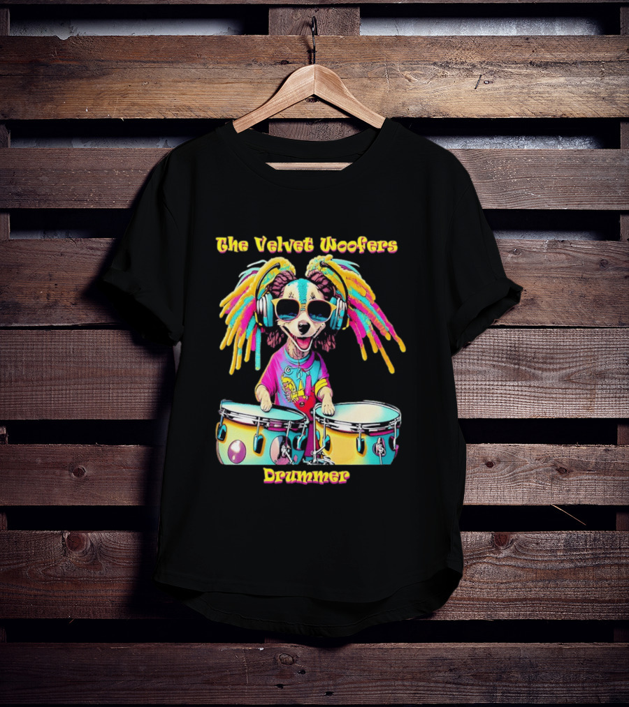 The Velvet Woofers Drummer Dog Colorful Cool Canine With Headphones And Drums T-Shirt
