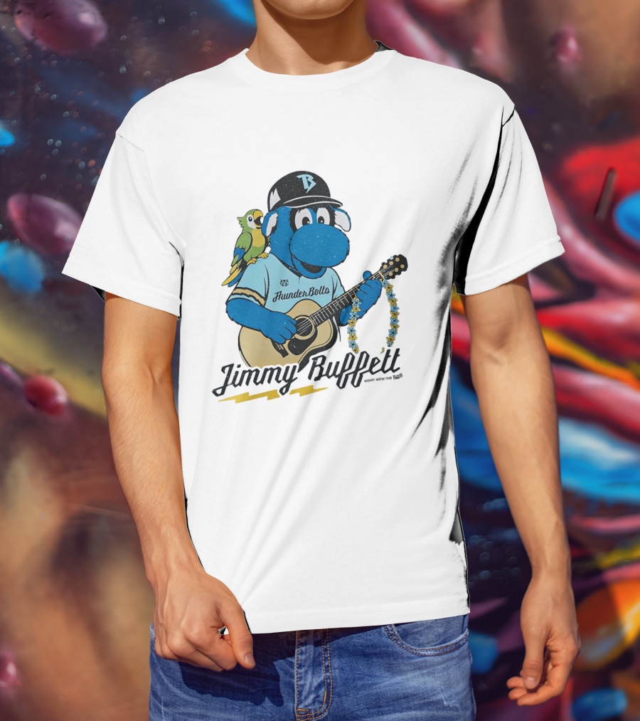 Jimmy Buffett Thunder Bolts Parrot Baseball Mascot Playing Guitar T-Shirt