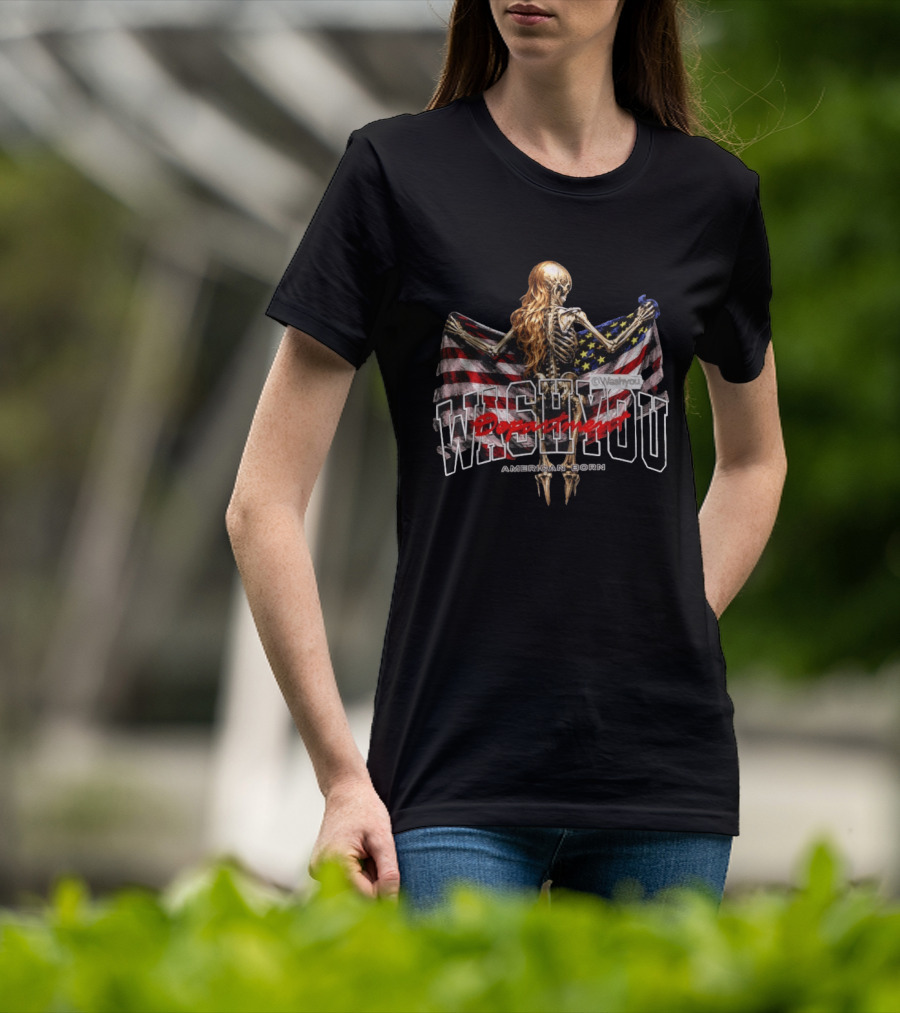 Washyou Department Skeleton Holding American Flag American Born T-Shirt