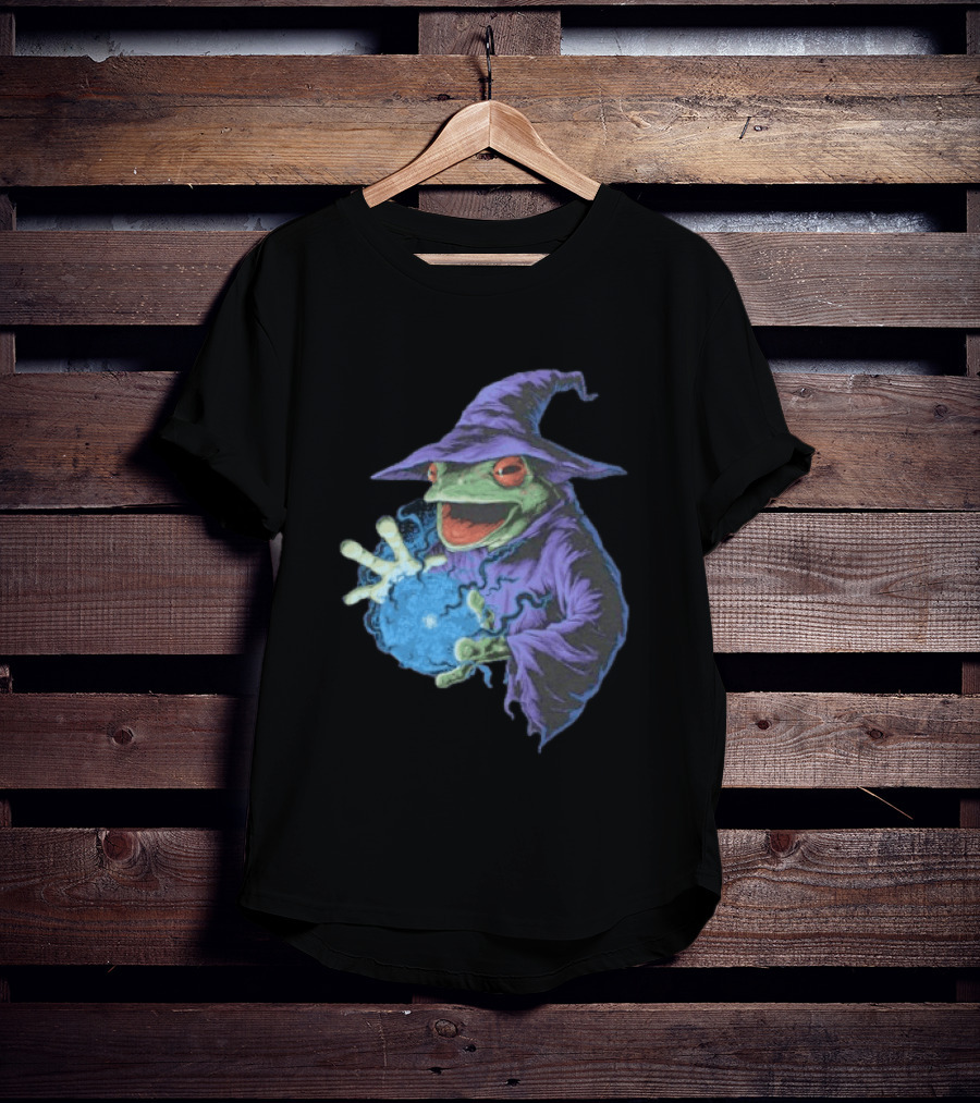 Wizard Frog In Purple Robe Casting Blue Magic Spell T-Shirt