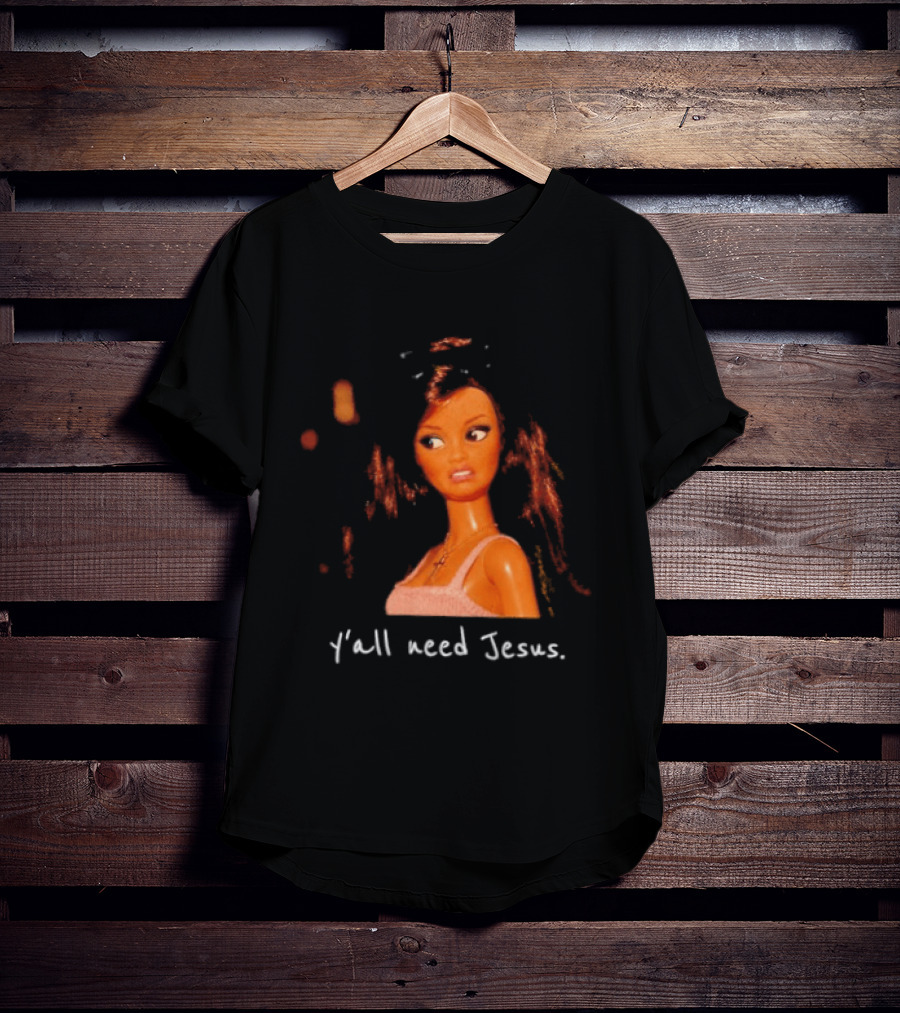Y'all Need Jesus Doll Funny Meme Brown Hair Orange Dress T-Shirt
