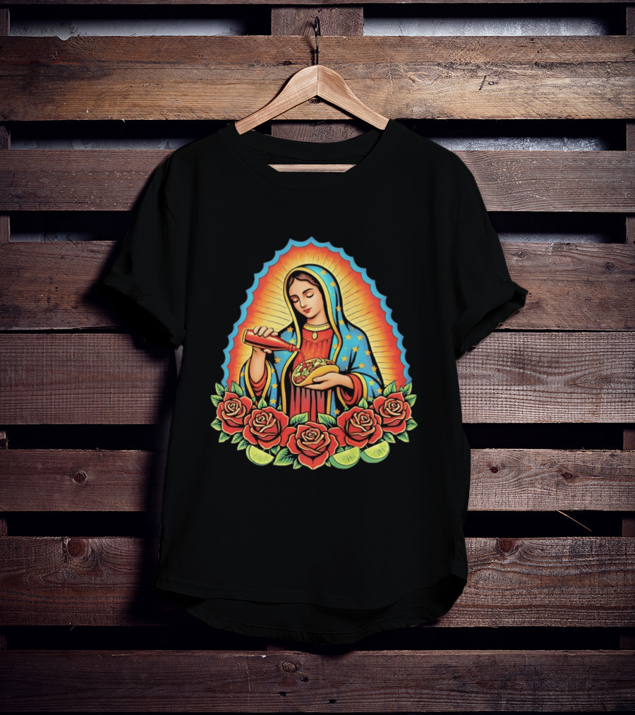 Our Lady Of Guadalupe Hot Sauce Taco With Roses And Lime T-Shirt