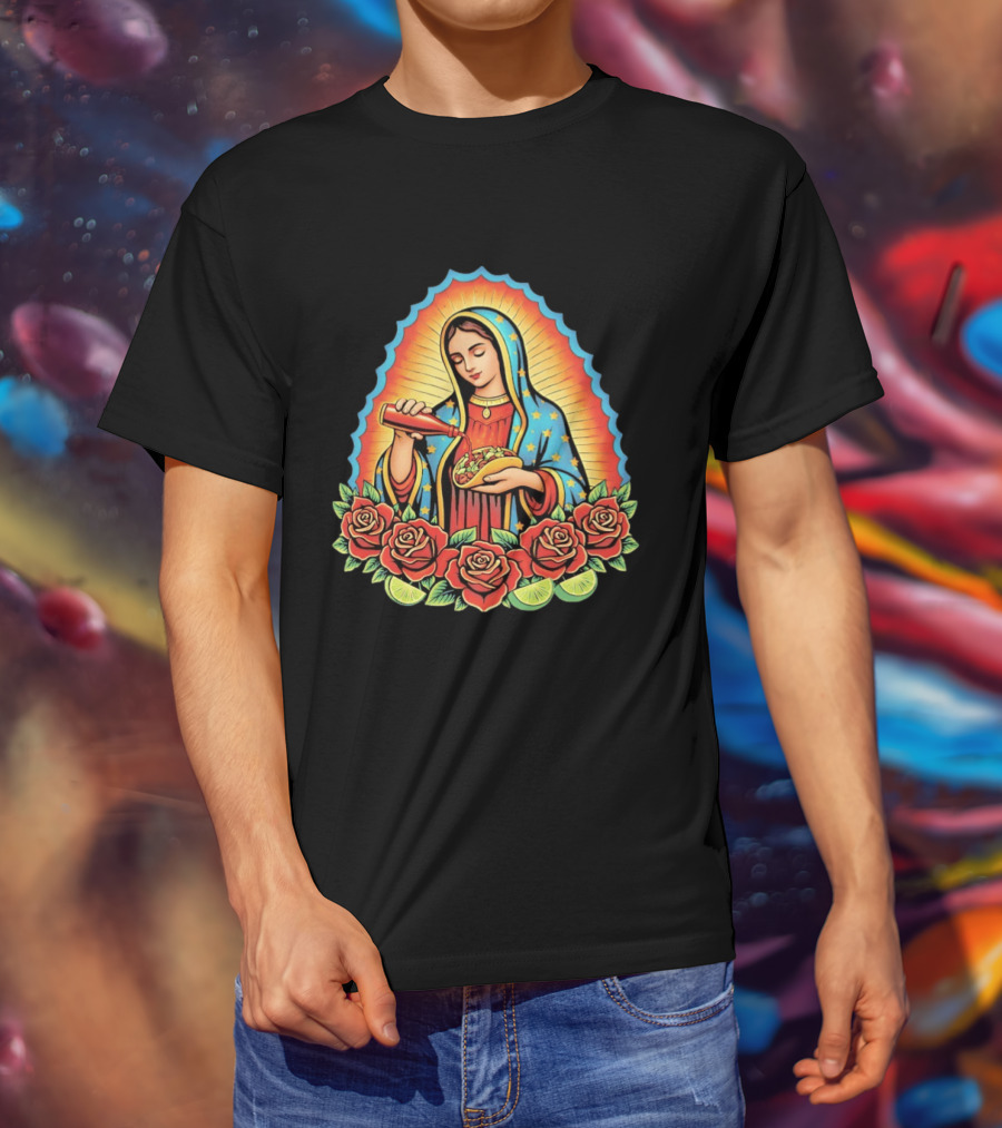 Our Lady Of Guadalupe Hot Sauce Taco With Roses And Lime T-Shirt