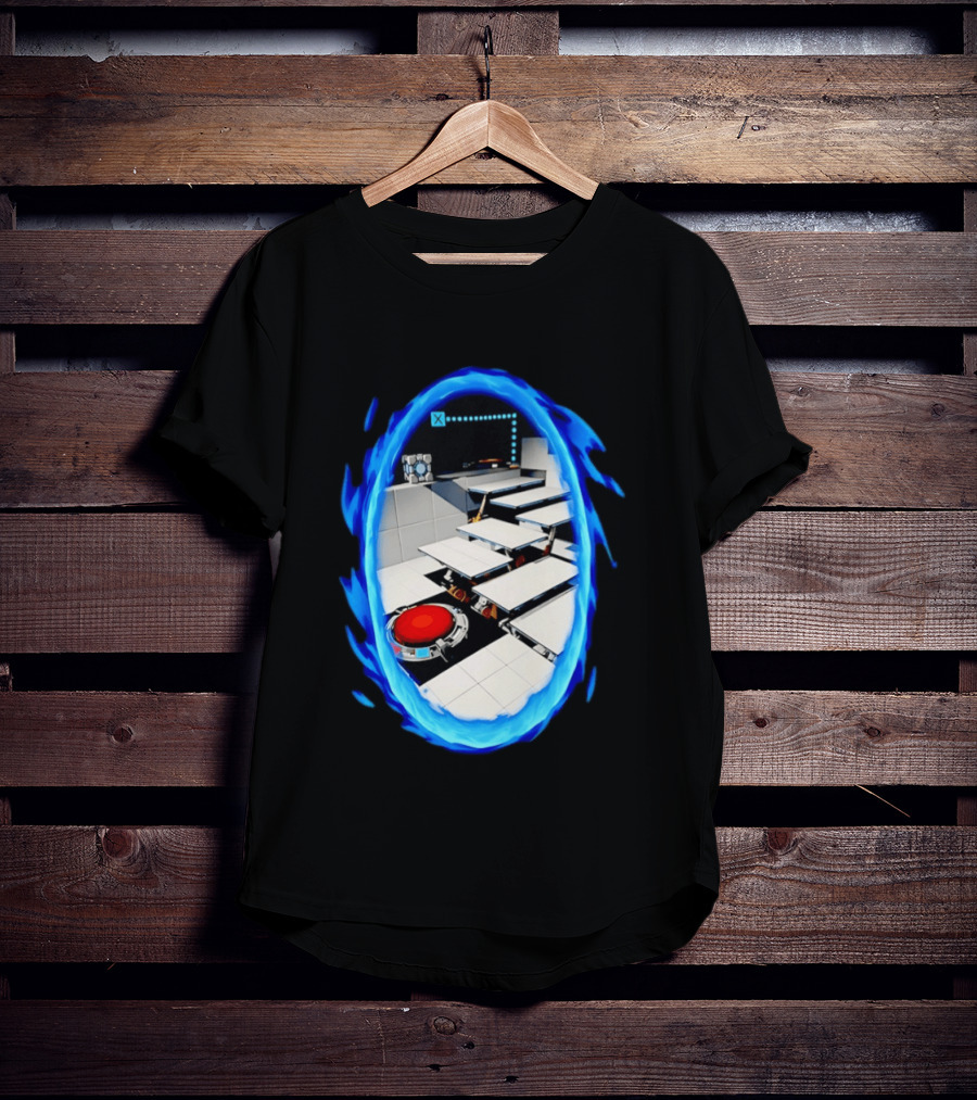 Portal Weighted Companion Cube Aperture Science Test Chamber Blue Portal Steps T-Shirt