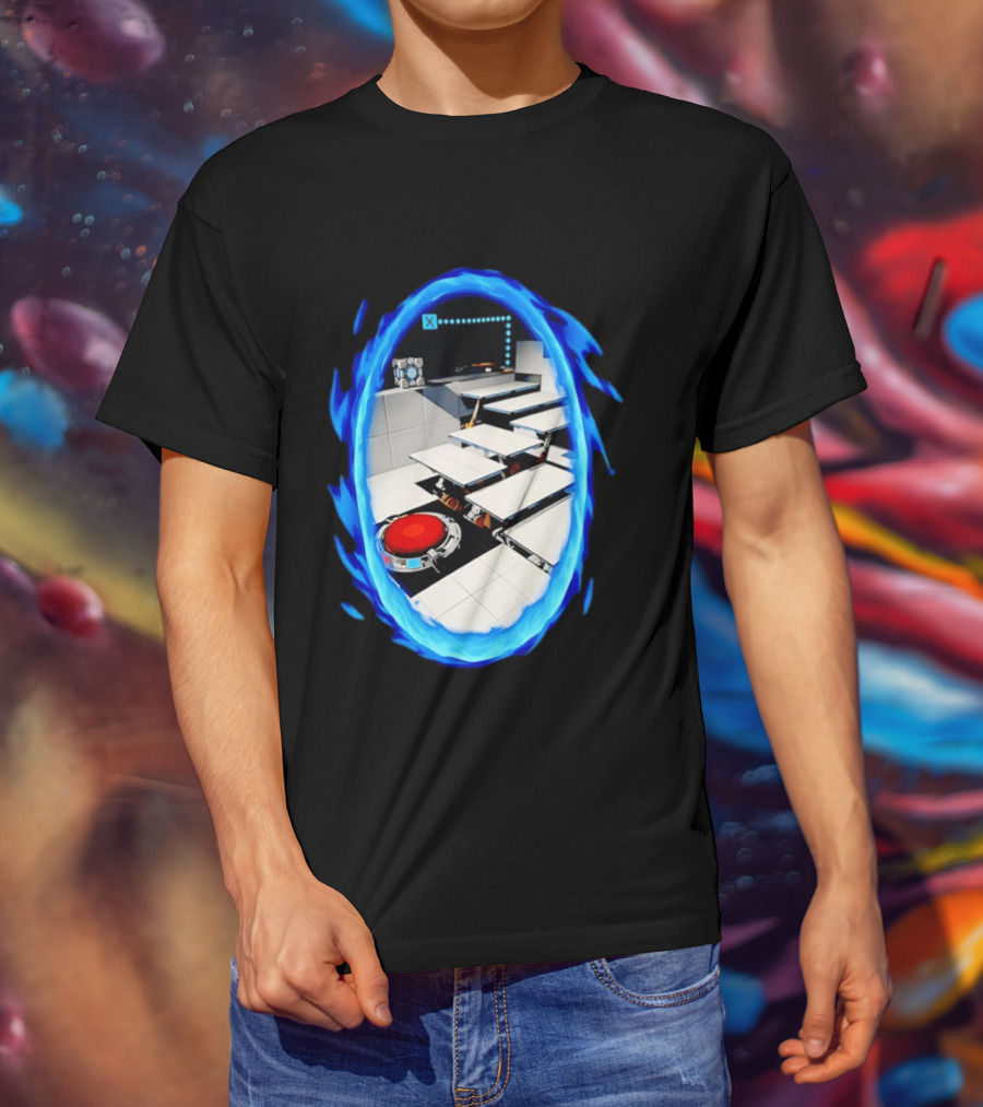 Portal Weighted Companion Cube Aperture Science Test Chamber Blue Portal Steps T-Shirt