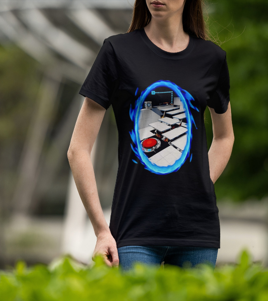 Portal Weighted Companion Cube Aperture Science Test Chamber Blue Portal Steps T-Shirt