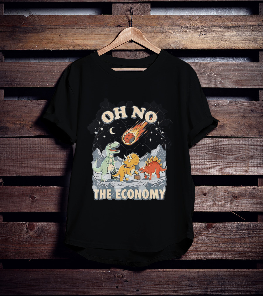 Oh No The Economy Dinosaurs Meteor Cartoon Funny Design Dinosaur Comic T-Shirt