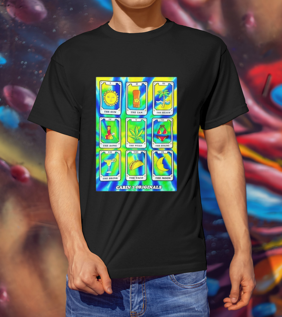 Cabin 7 Originals Tarot Cards Sun Tan Beach Bong Weed Bikini Drink Taco Moon T-Shirt