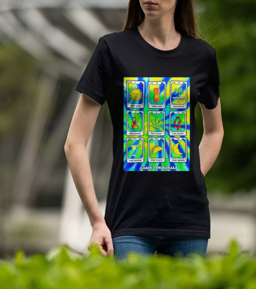 Cabin 7 Originals Tarot Cards Sun Tan Beach Bong Weed Bikini Drink Taco Moon T-Shirt