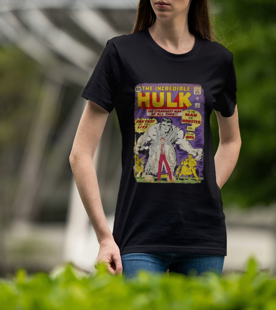 The Incredible Hulk The Strangest Man Of All Time Fantasy Comic Cover Is He Man Or Monster T-Shirt