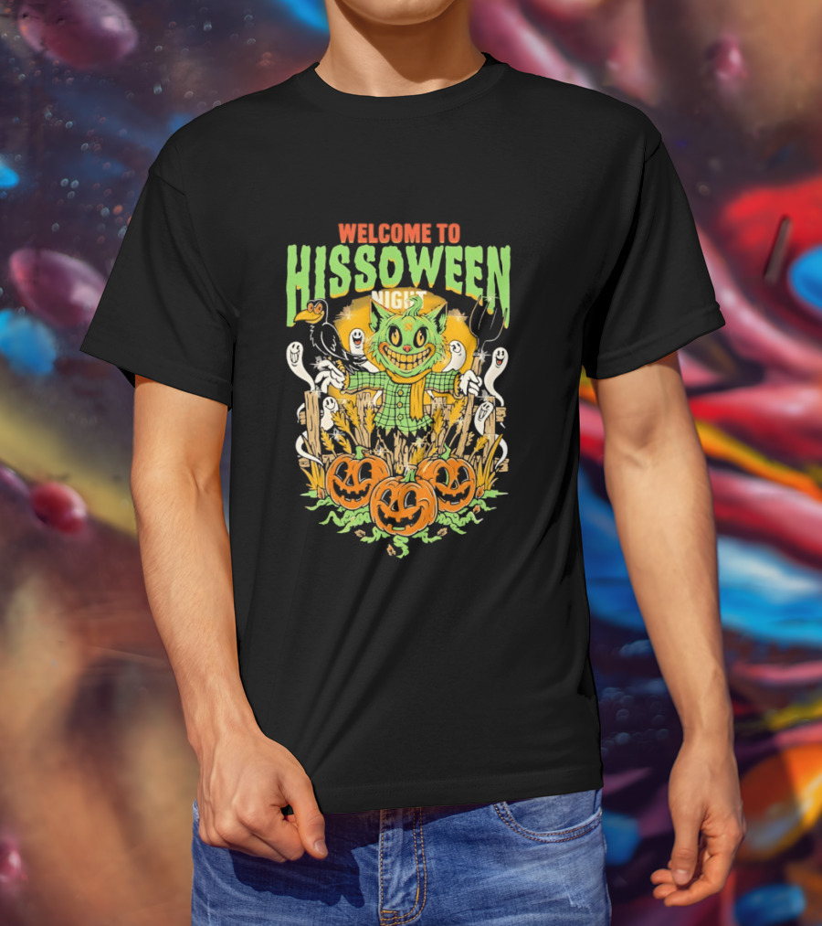 Welcome To Hissoween Night Cat Ghost Scarecrow Pumpkin T-Shirt