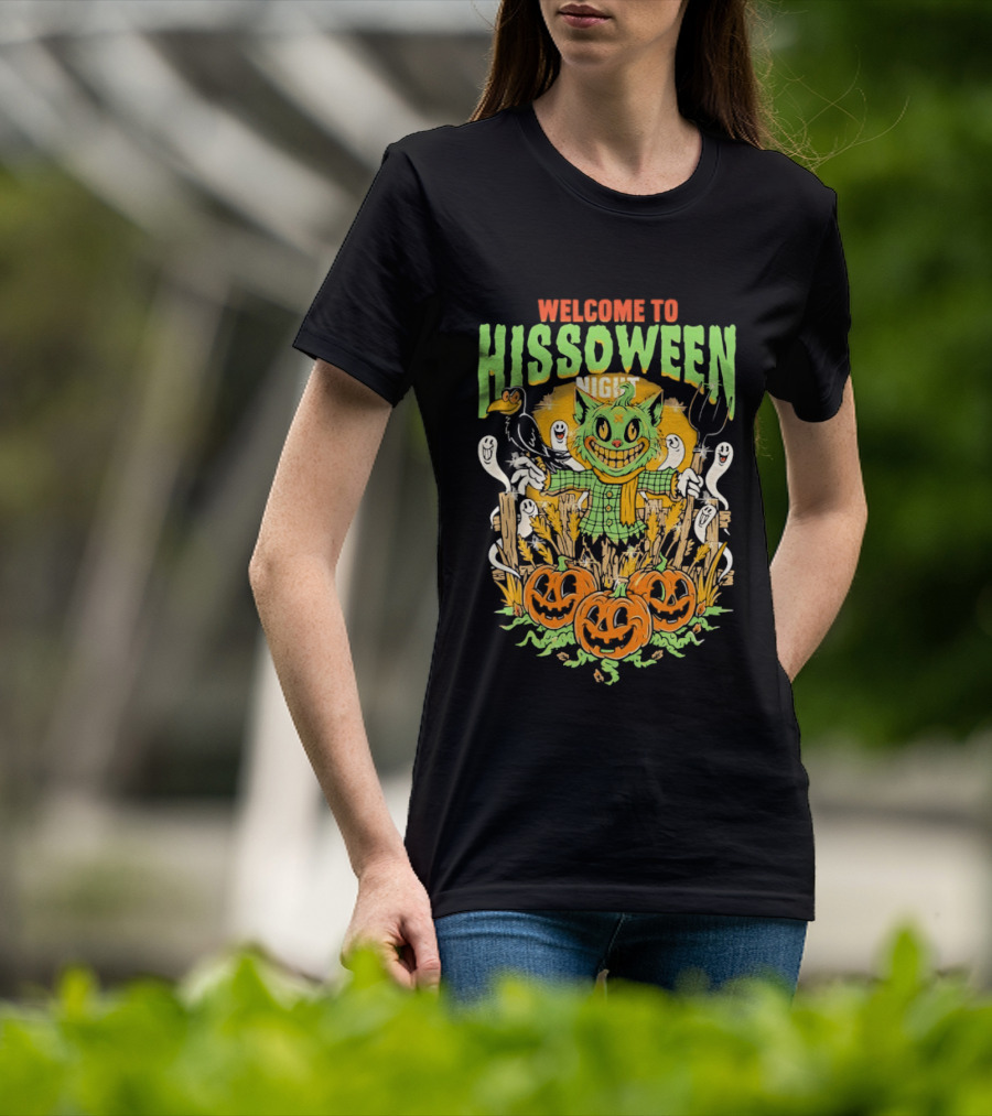 Welcome To Hissoween Night Cat Ghost Scarecrow Pumpkin T-Shirt