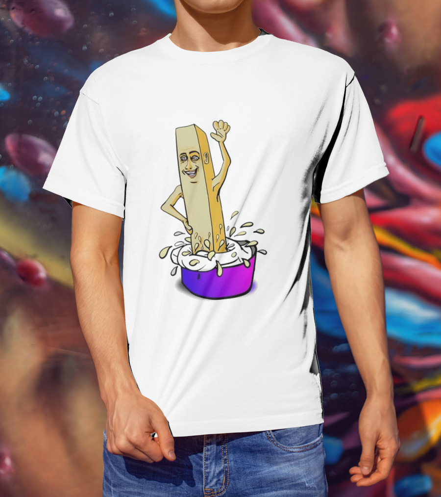 Belgian French Fry Cartoon Character Waving In Sauce Bowl T-Shirt