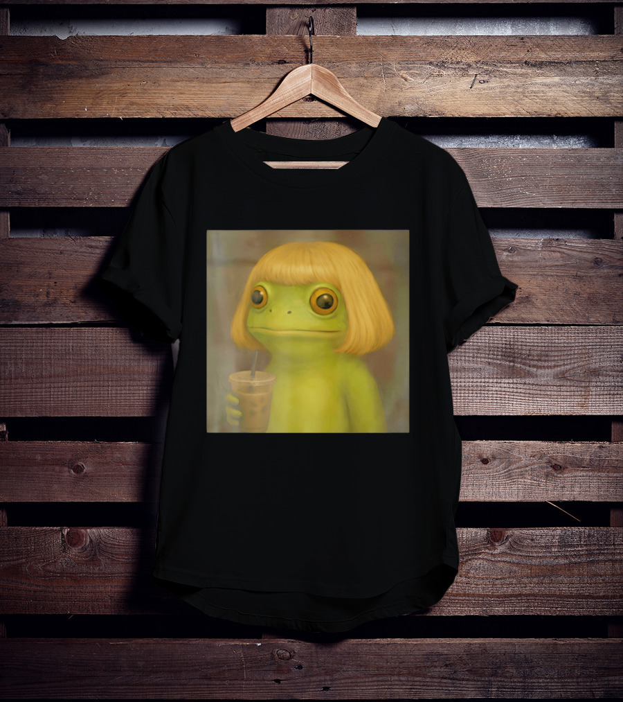 Blonde Wig Frog Holding Iced Coffee T-Shirt