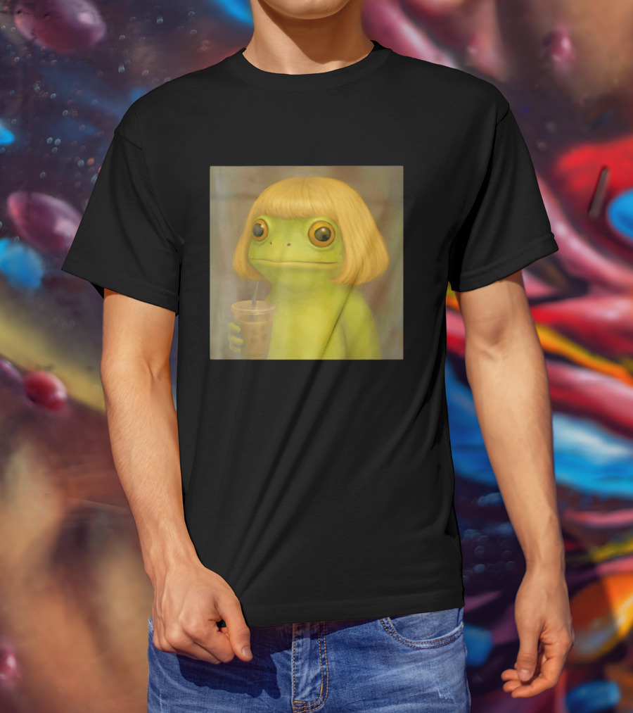 Blonde Wig Frog Holding Iced Coffee T-Shirt