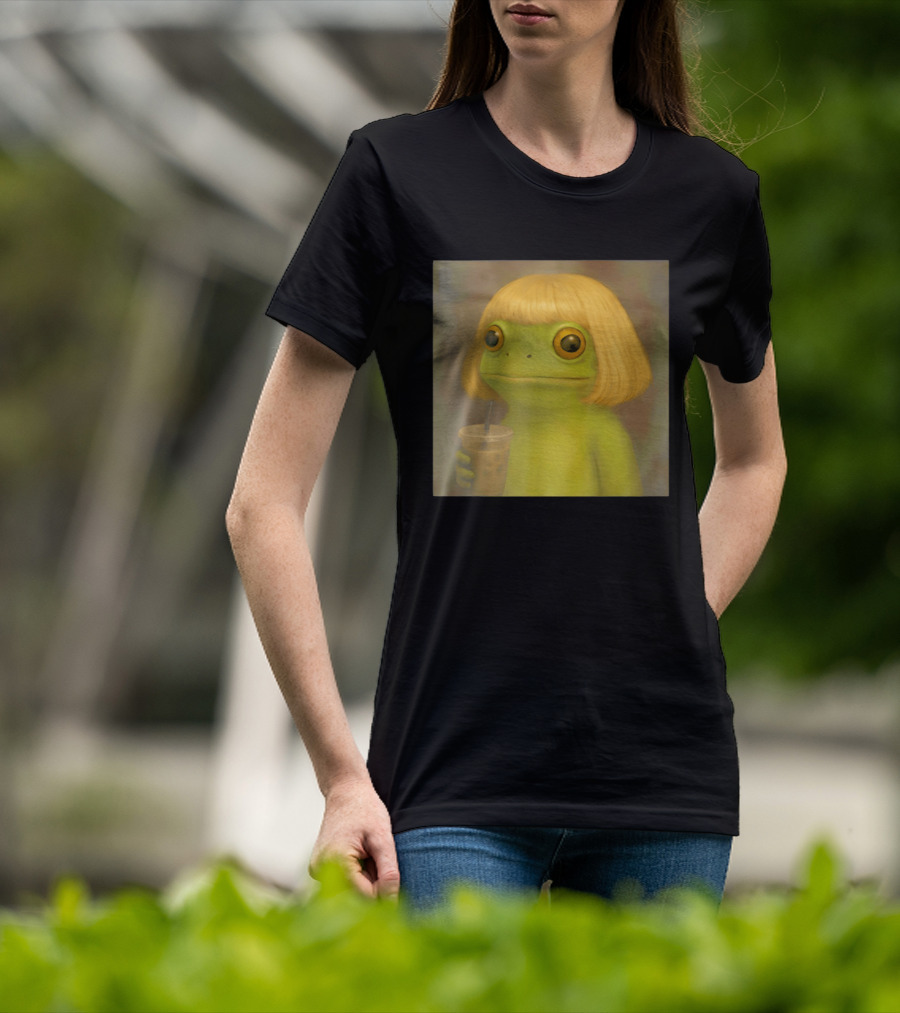 Blonde Wig Frog Holding Iced Coffee T-Shirt