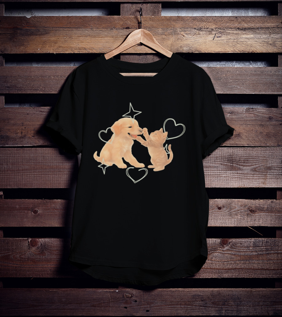 Golden Retriever Puppy And Tabby Kitten Playing With Stars And Hearts T-Shirt