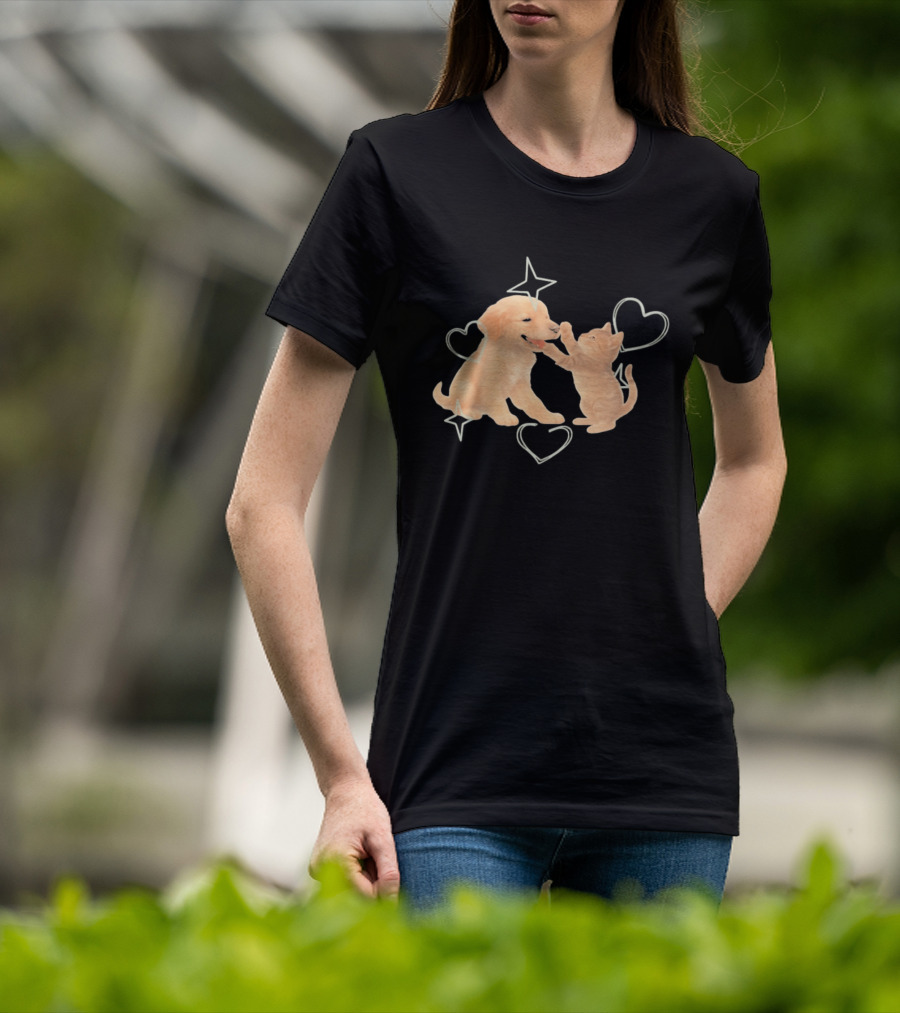 Golden Retriever Puppy And Tabby Kitten Playing With Stars And Hearts T-Shirt