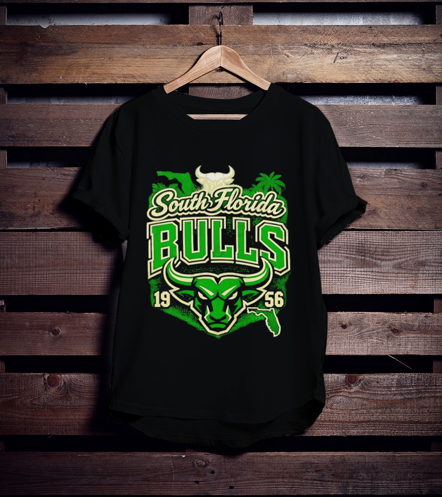 South Florida Bulls 1956 NCAA College Football Palm Tree Map Green Bull T-Shirt