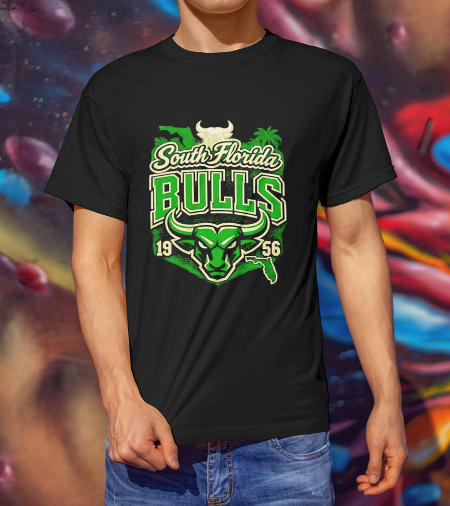 South Florida Bulls 1956 NCAA College Football Palm Tree Map Green Bull T-Shirt