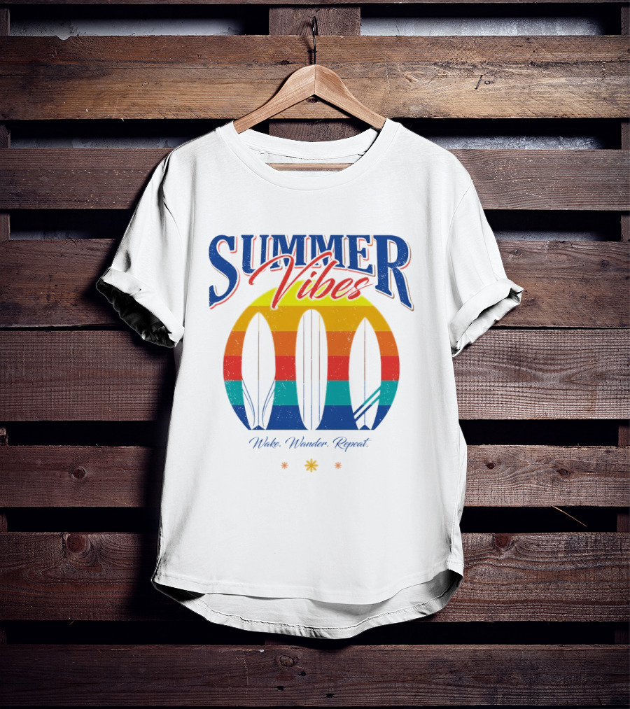 Summer Vibes Wake Wander Repeat Retro Surfboard Sunset T-Shirt