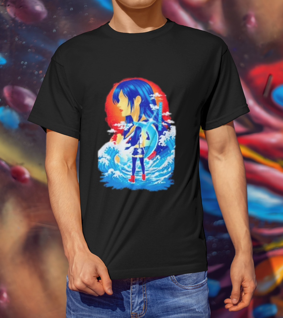 Tifa Lockhart Final Fantasy Japanese Wave Anime Art Ocean Scene T-Shirt