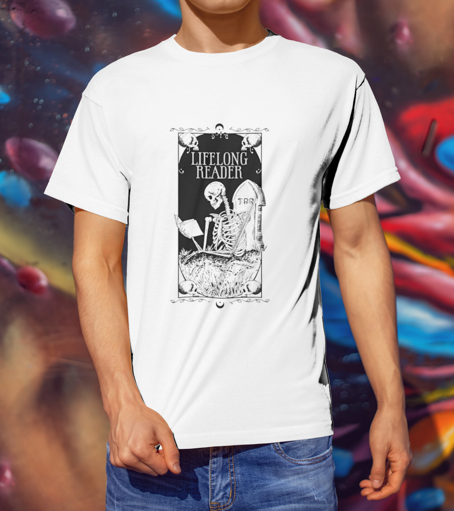Lifelong Reader Skeleton With Book And Tombstone Retro Gothic T-Shirt