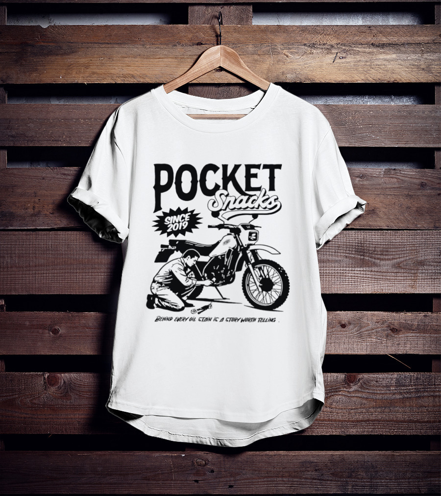 Pocket Snacks Since 2019 Motorcycle Mechanic Oil Stain T-Shirt