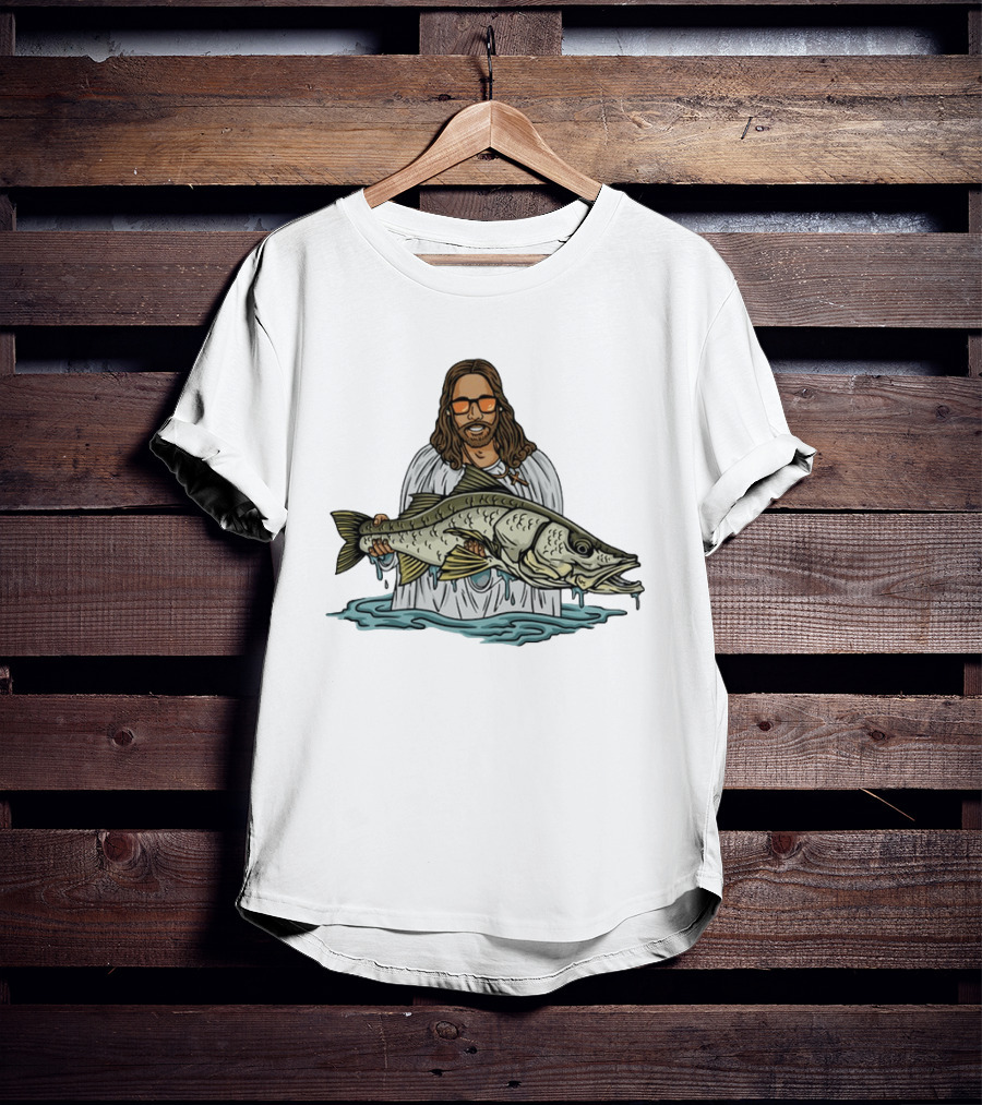 Jesus Holding Fish Like Jesus Fishing With Sunglasses T-Shirt