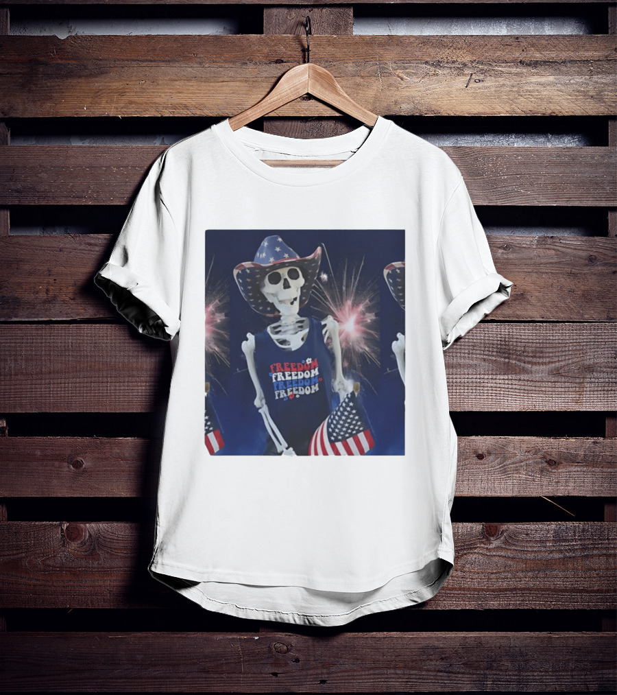 Freedom Skeleton Patriot With American Flag And Fireworks Fourth Of July T-Shirt