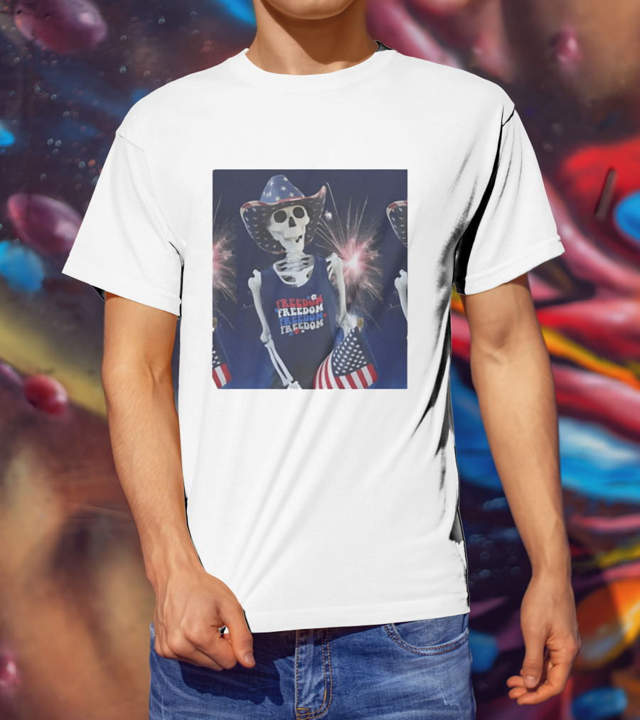 Freedom Skeleton Patriot With American Flag And Fireworks Fourth Of July T-Shirt