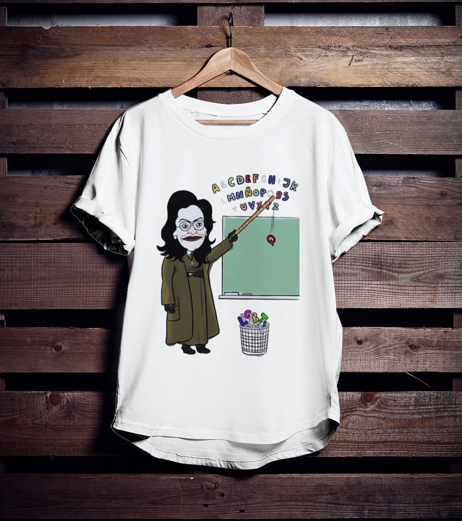 LGBTQ Alphabet Removal Cartoon Teacher With Chalkboard And Trash Bin T-Shirt