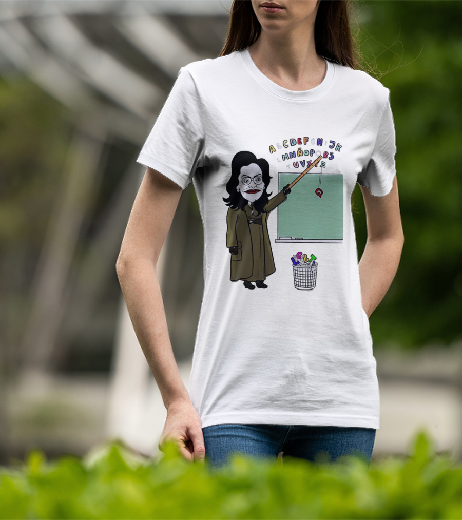 LGBTQ Alphabet Removal Cartoon Teacher With Chalkboard And Trash Bin T-Shirt