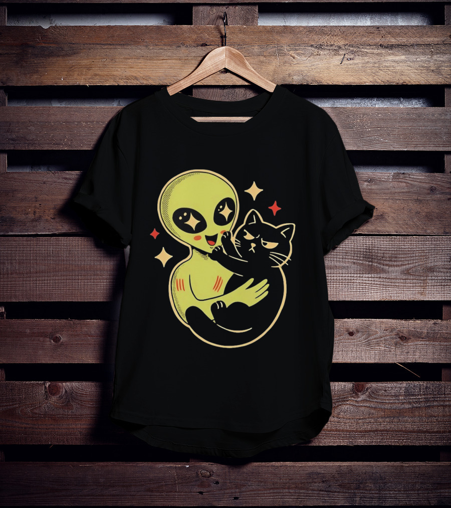 Alien Holding Grumpy Black Cat Surrounded By Stars T-Shirt